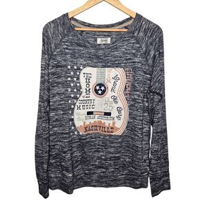 GRAND OLE OPRY Womens Guitar Graphic Shirt XL Long Sleeve Blue Space Dye Cowgirl